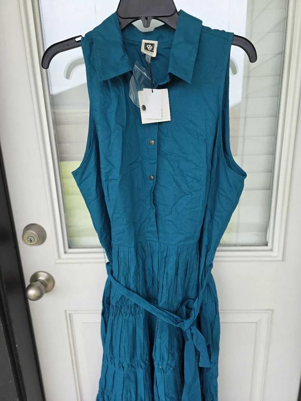 Anne Klein Teal Sleeveless Shirt Dress Belted Tiered Midi Dress Size 14 NWT